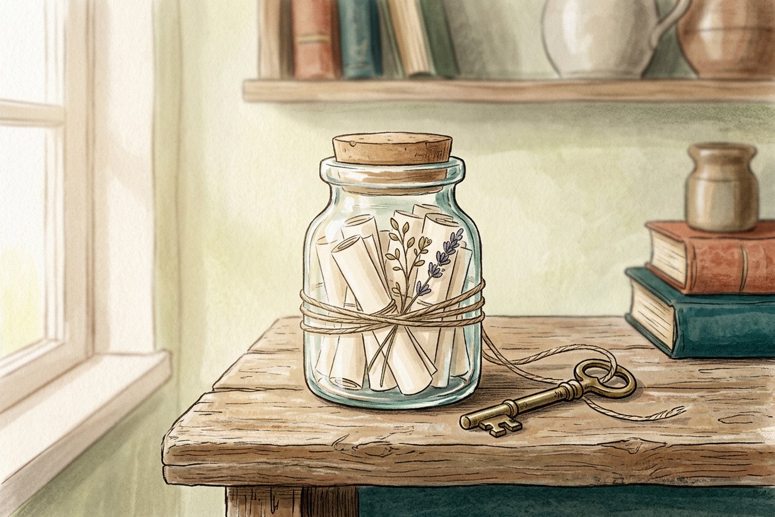 A glass jar with folded paper and a dried sprig sits on a shelf beside a brass key.