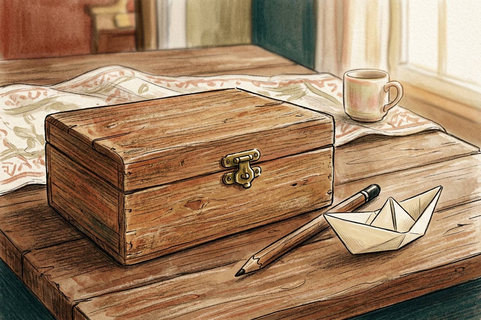 A wooden box with a brass latch sits on a family table beside a pencil and a blank paper boat.