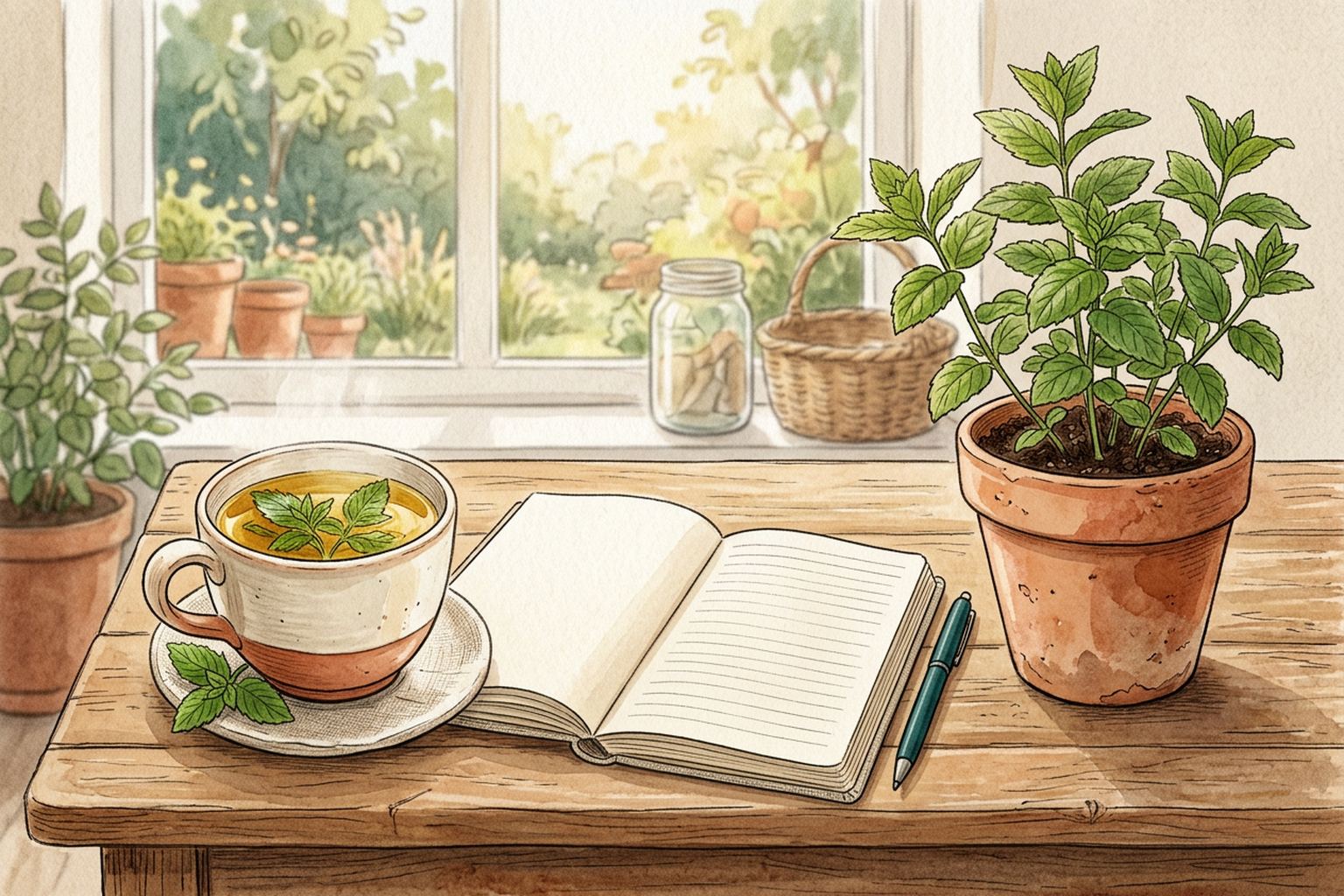 A sunny kitchen table holds a cup of mint tea, an open blank notebook and a potted herb.
