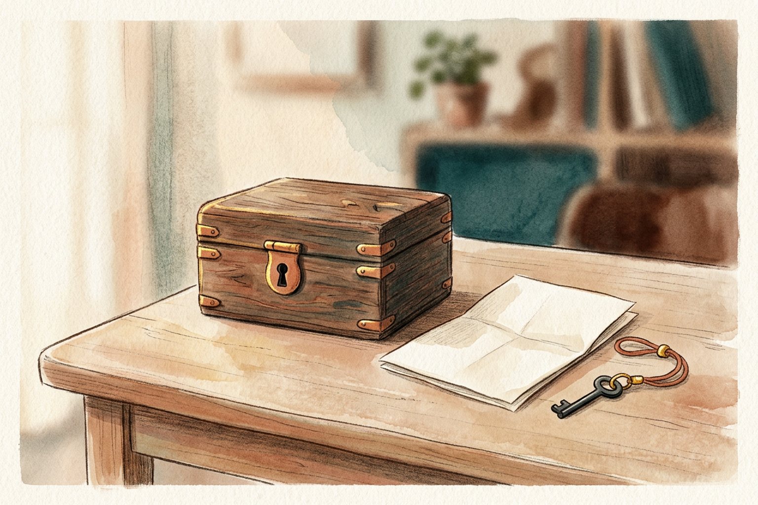 A small wooden box with a keyhole and a folded letter resting beside it on a desk.
