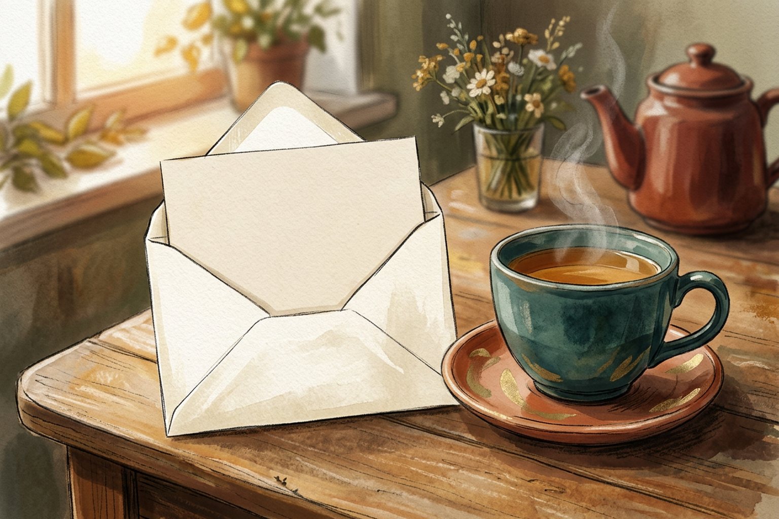 An open cream envelope with a blank sheet sits beside a steaming cup of tea in morning light.