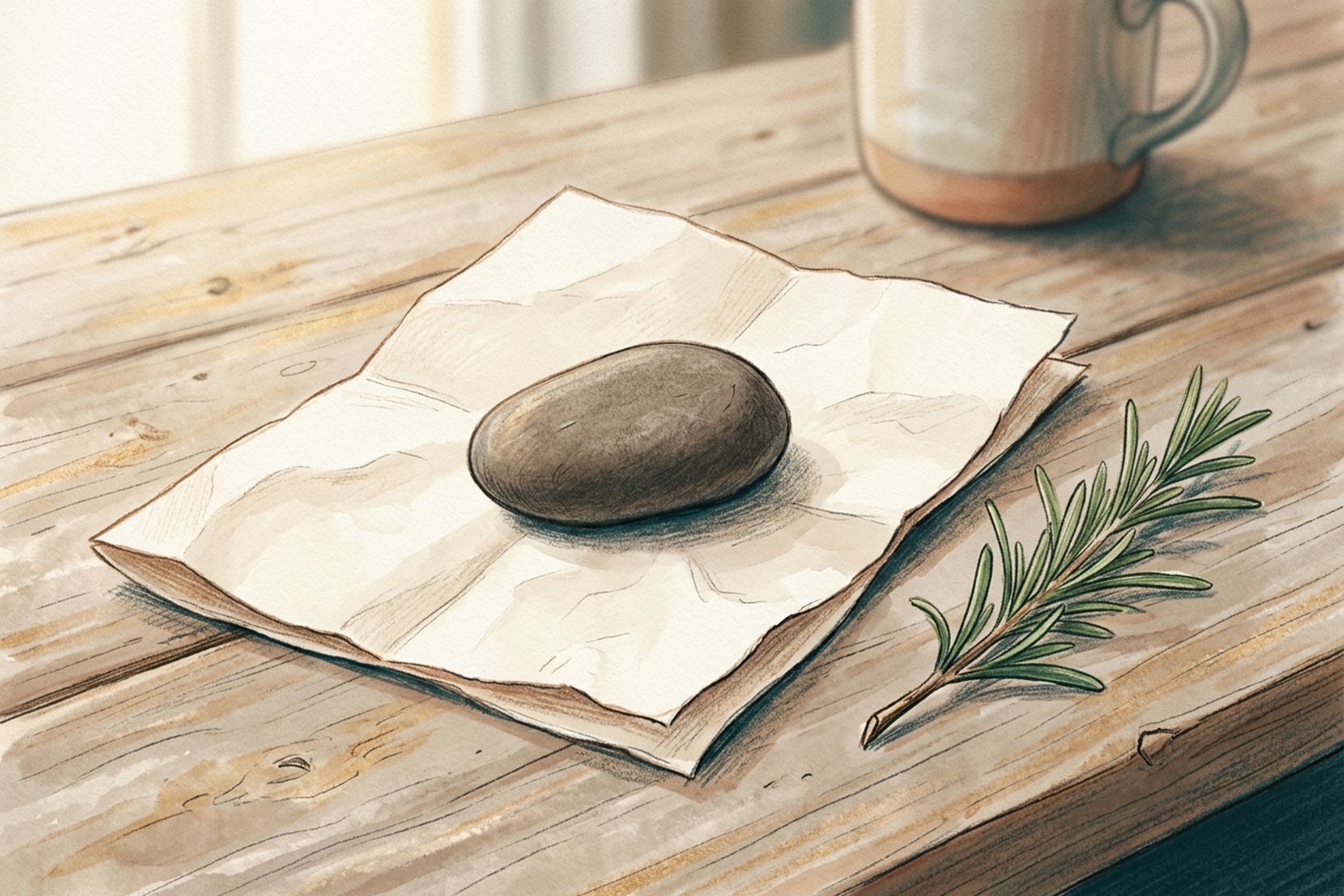 A single smooth pebble rests on a folded sheet of paper beside a small sprig of rosemary.