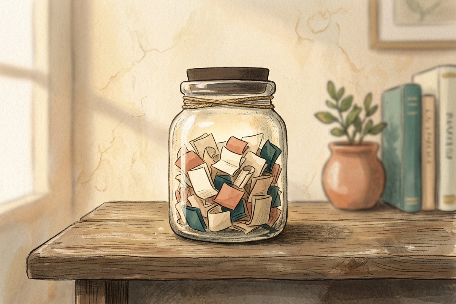 A small lidded glass jar holding folded slips of paper sits on a shelf in soft evening light.