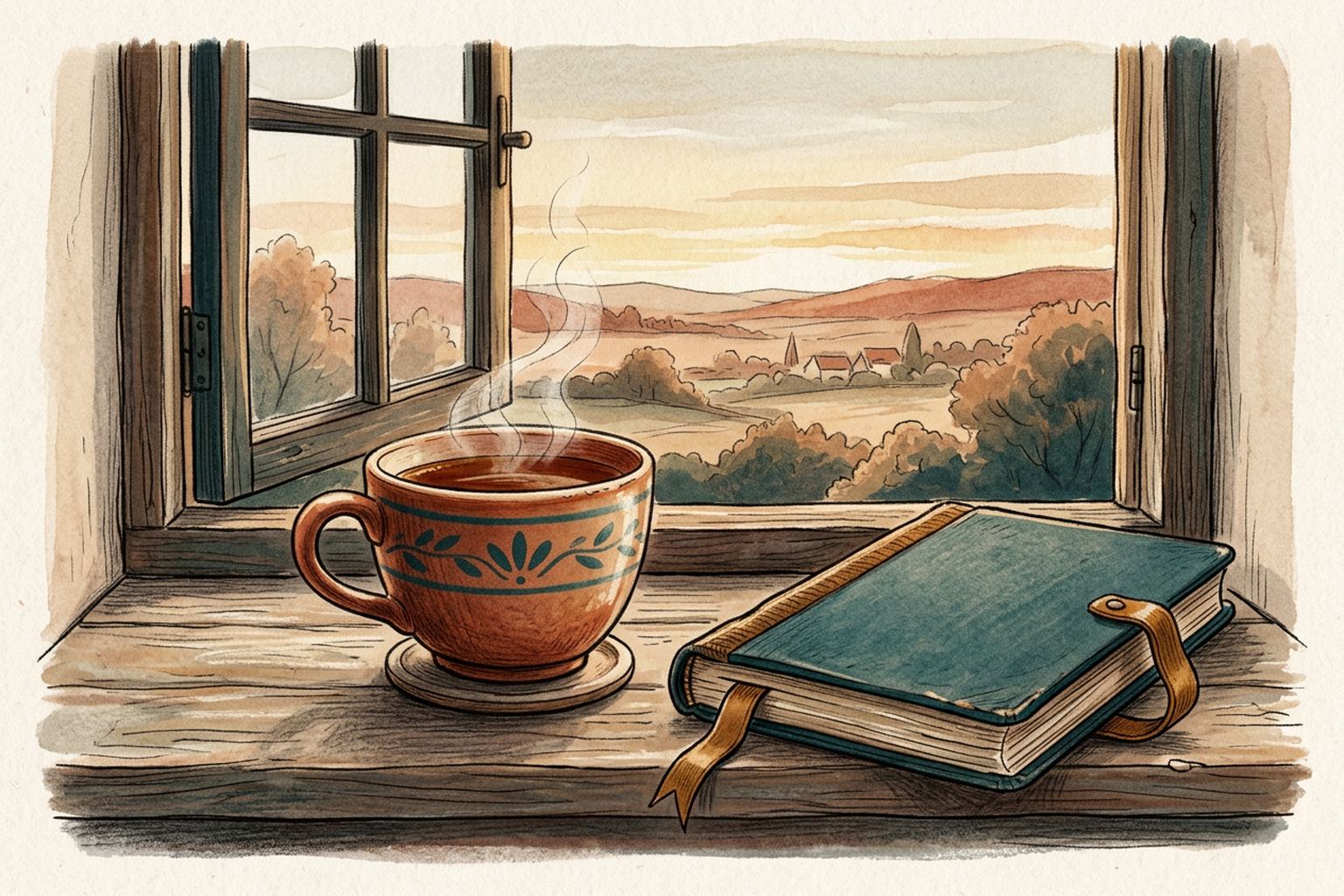 A cup of tea sits on a windowsill at dawn beside a closed notebook.