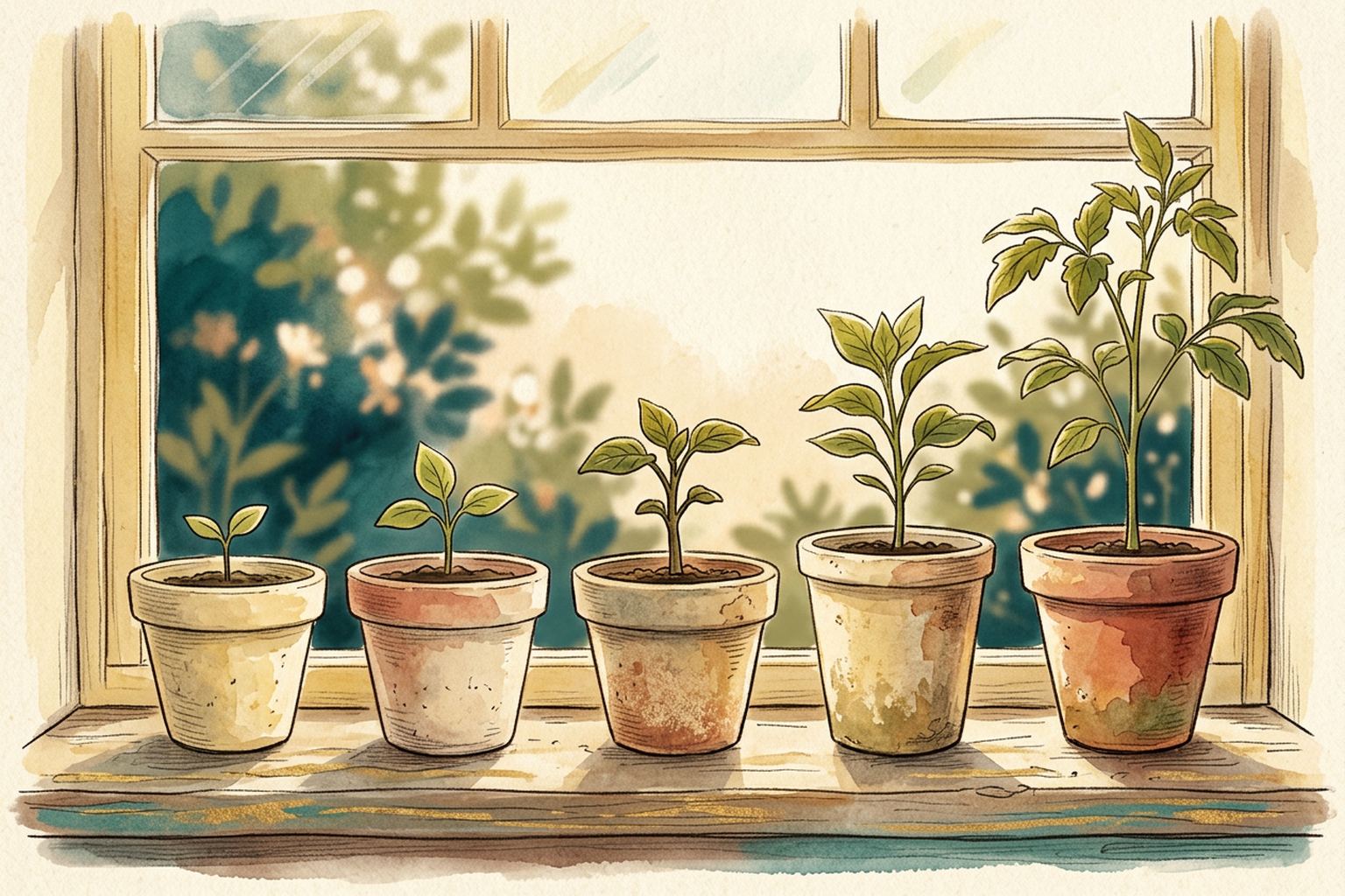 Five terracotta pots stand in a row on a windowsill, each holding a seedling taller than the one before.