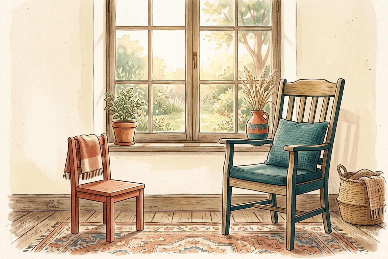 A small child's wooden chair stands beside a full-sized wooden chair, both facing the same sunlit window.