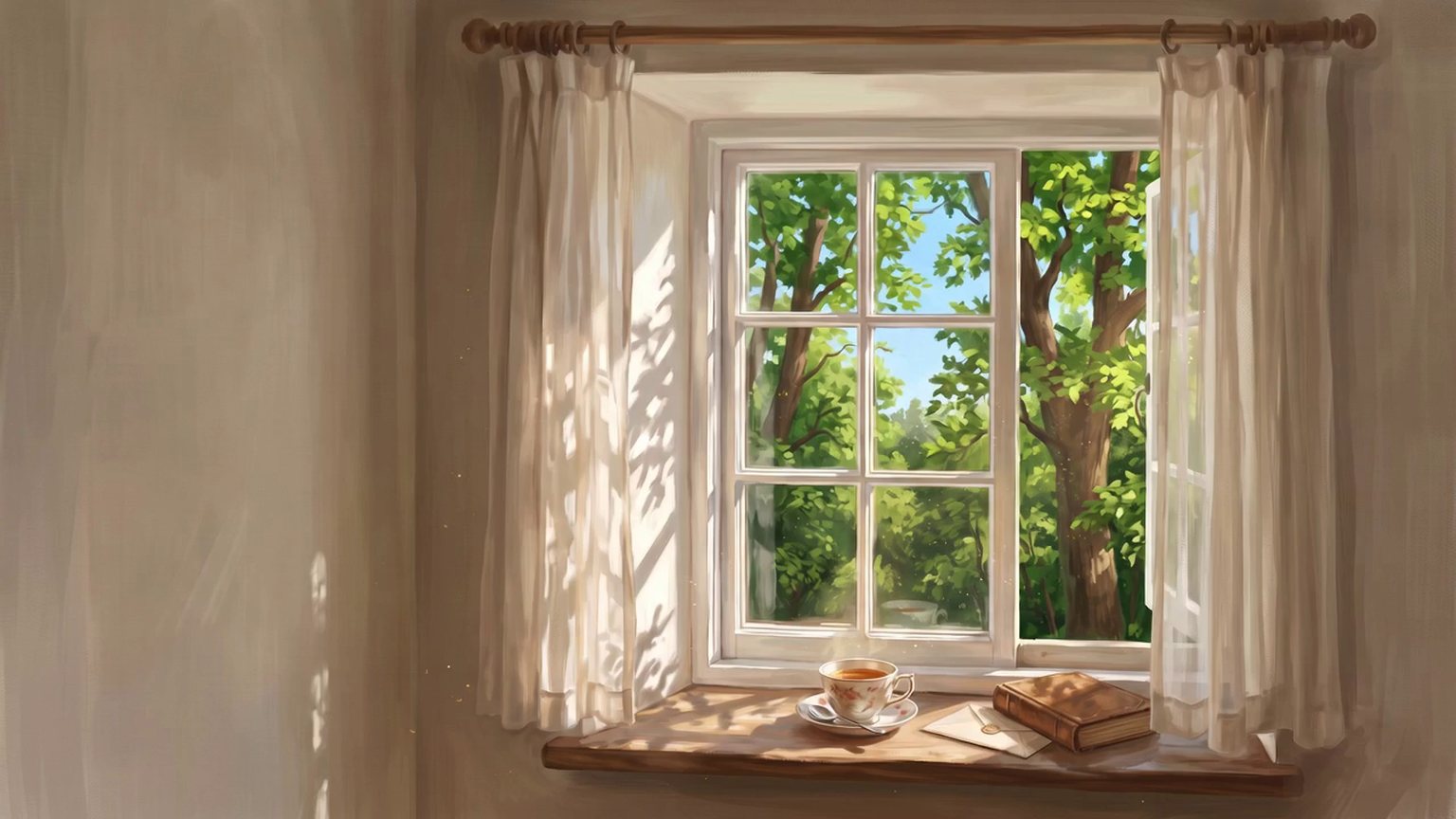 A sunlit cottage window with sheer curtains on both sides, tall green trees outside, and a cup of tea, a sealed envelope and an old book on the sill.